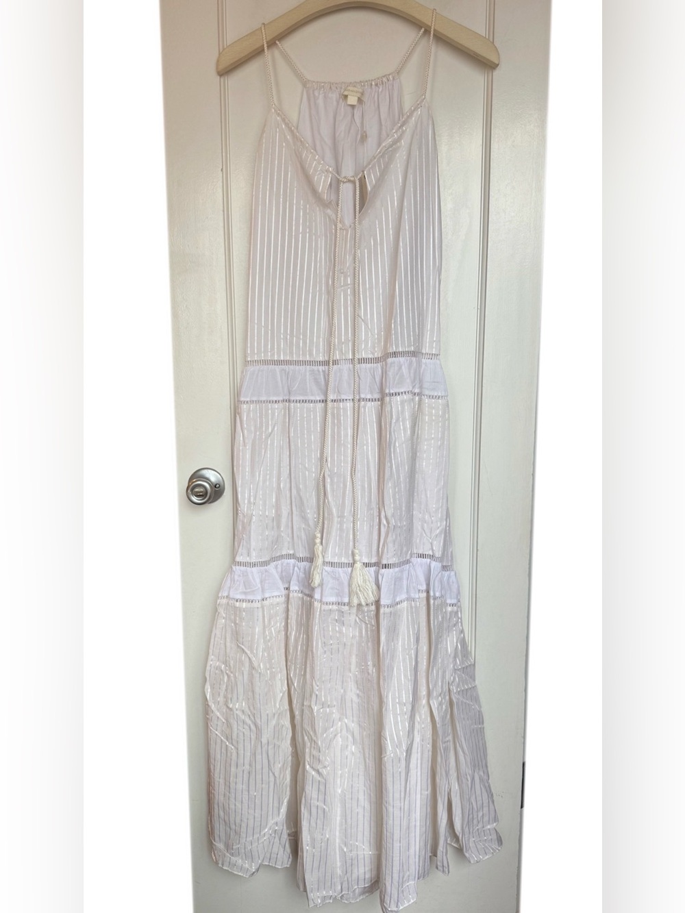 Jonathan Simkhai White Tiered Maxi Dress with Tassel Tie